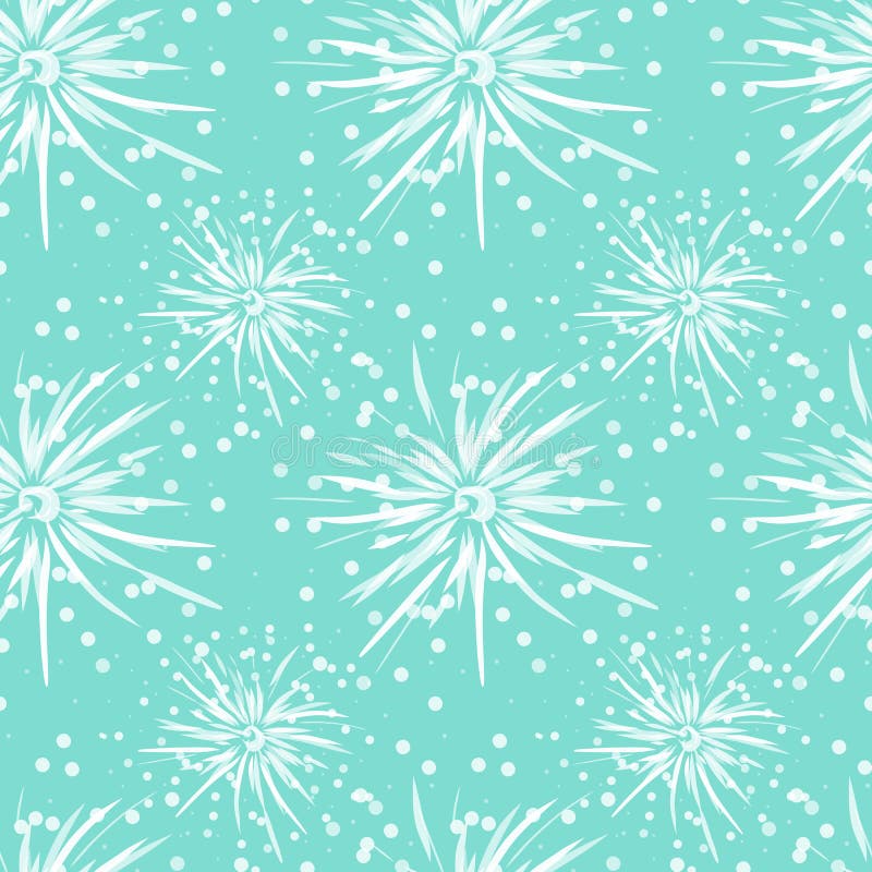 Snowy Soft colors pattern. Hand drawn art white flowers on blue background.