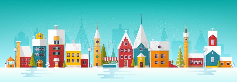 Snowy-Stadtbild oder -landschaft mit Stadt Stadtstraße mit Fassaden von antiken Türmen und von Gebäuden verziert für neues Jahr vektor abbildung Snowy-Stadtbild oder -landschaft mit Stadt Stadtstraße mit Fassaden von antiken Türmen und von Gebäuden verziert für neues Jahr vektor abbildung