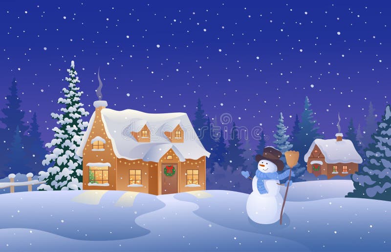 Snowy village and snowman stock vector. Illustration of cottage - 160412858