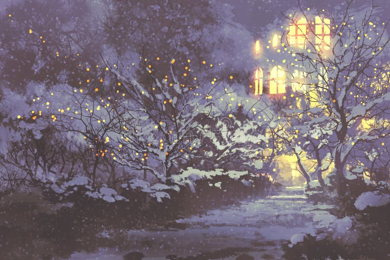 Snowy winter alley in the park with christmas lights vector illustration Snowy winter alley in the park with christmas lights vector illustration