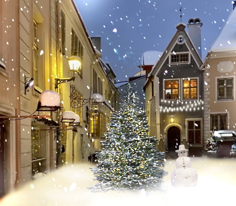 Christmas tree and snow man  moon on night sky  illuminated snow flakes festive  bokeh light  snowman on Town hall square