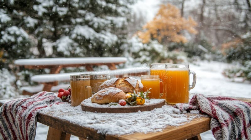 Snowy Winter Day Treats Warm Drinks And Bread stock illustration