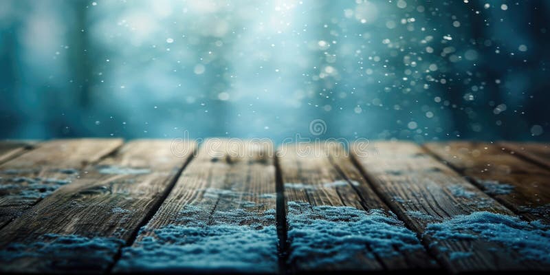 Snowy wooden table stock photography