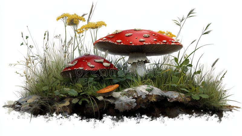 Snygg 3D-teckensanimering med en girig grupp färgstarka svampar som sitter på en mjuk pil av grönt gräs vektor illustrationer