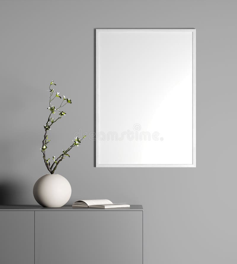 Snygg, invändig med mock upp. vit affischruta med beige pot och böcker på hyllan. grå väggmall. Hemmadekan stock illustrationer