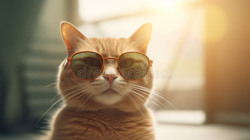 Snygg katt i solglasögon. nära porträtt av furry kitty i modestil. generativ illustration. utskrivbar design för stock illustrationer
