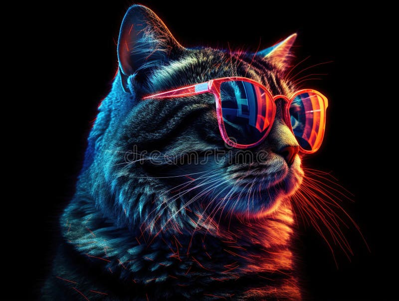 Snygg katt i solglasögon. nära porträtter av furry kitty i modestil. generativ illustration. utskrivbar design för vektor illustrationer