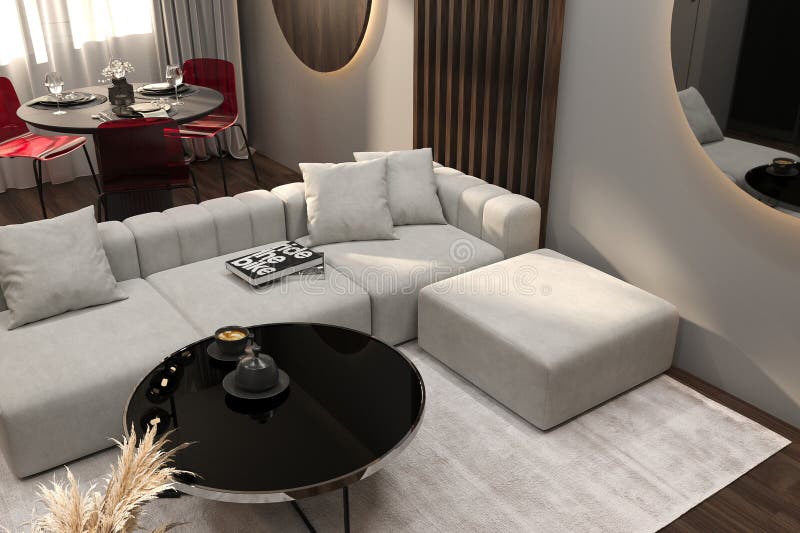 Snygg modern mörk invändig design av en liten, trevlig lägenhet. Modernt stoppade möbler för avslappning och kaffebord