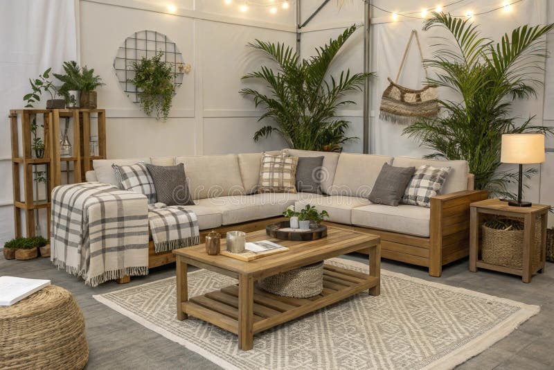 Snygg neutral vardagslokal med modulär soffa royaltyfri illustrationer