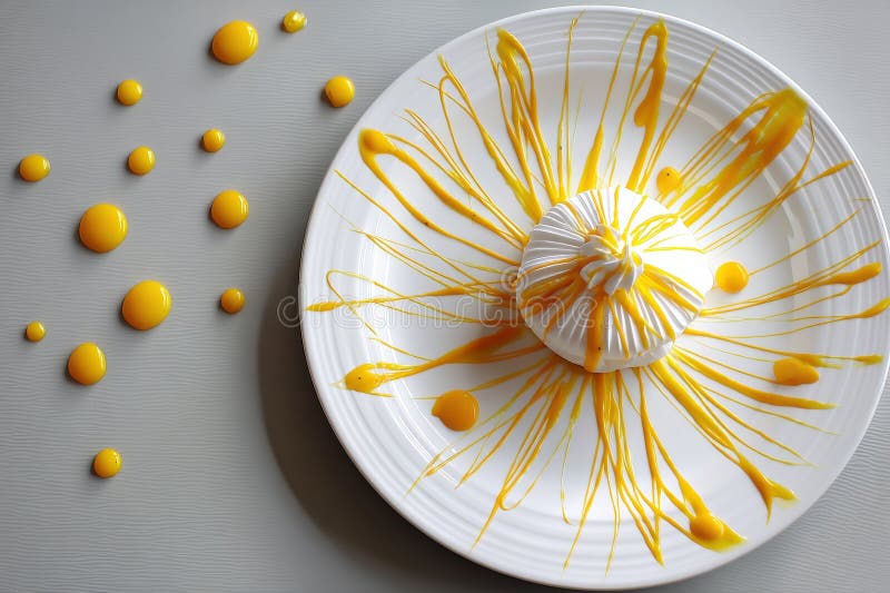 Snygg Pavlova toppad med passionsfrukt på en minimalistisk plåt i ljusa färger royaltyfri fotografi