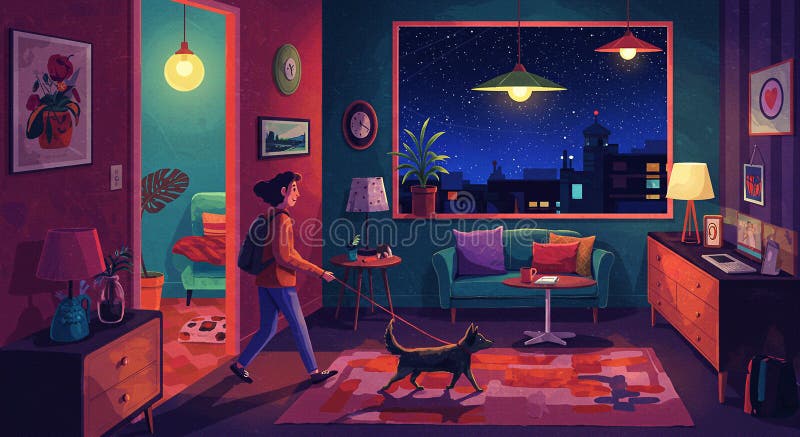 Snyggt vardagsrum med varm belysning och nattlig cityvy. En kvinna royaltyfri illustrationer