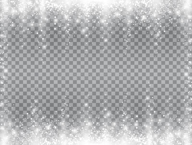 Snö fallande bildruta Ljusstark magisk juldesign med öppen bakgrund Snowflingor av glas, mousserande snöfall och vektor illustrationer