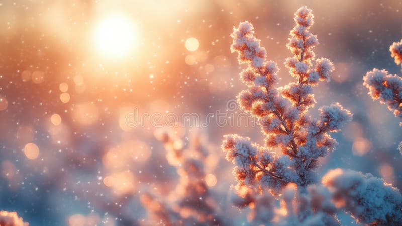Snö och frosttäckta växter. ljust vinterkallt väder och lätt snöfall. suddig bakgrund för defokuserad bild. vektor illustrationer