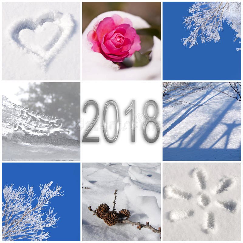 2018, snö och kort för hälsning för vinterfotocollage royaltyfri bild 2018, snö och kort för hälsning för vinterfotocollage royaltyfri bild