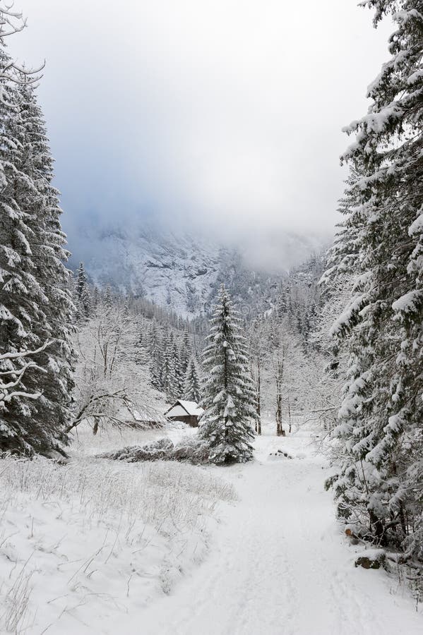 Snöbana och hytt i vinterlandskapet i bergstrakter arkivfoto