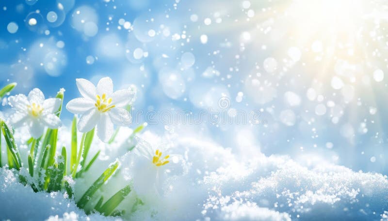 Snödroppar under vintern på underlandet vackra vårblommor mitt i gnistrande snöfall royaltyfri illustrationer