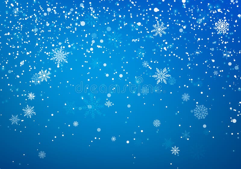 Snöfalljulbakgrund Flyga snöflingor och stjärnor på bakgrund för blå himmel för vinter Mall för samkopiering för vinterwitesnöfli royaltyfri illustrationer