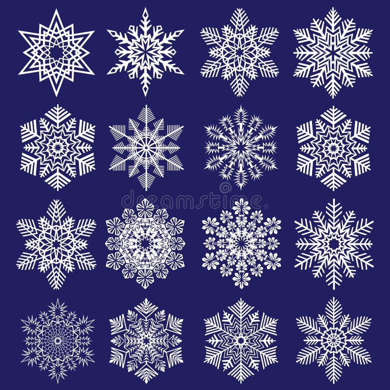 Snöflingasamling som isoleras på mörk bakgrund Den plana linjen snösymboler, snö flagar konturn royaltyfri illustrationer