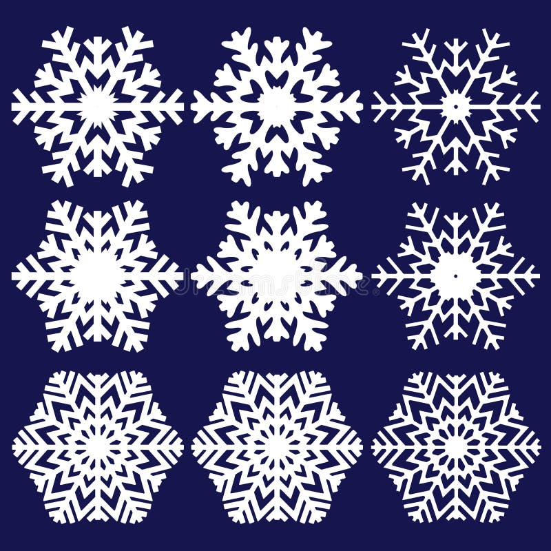 Snöflingasamling som isoleras på mörk bakgrund Den plana linjen snösymboler, snö flagar konturn vektor illustrationer