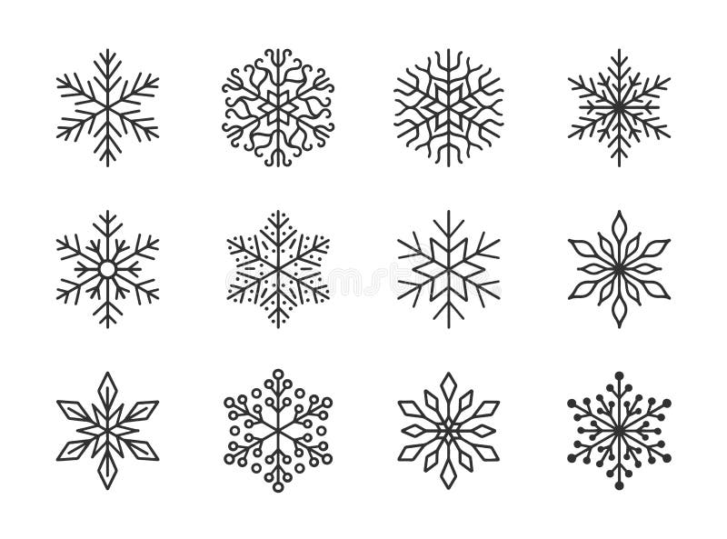 Snöflingor isolerade på vit bakgrund Snöikoner för dodlinje, handdragna silhuetter Design-element för julklammer royaltyfri illustrationer