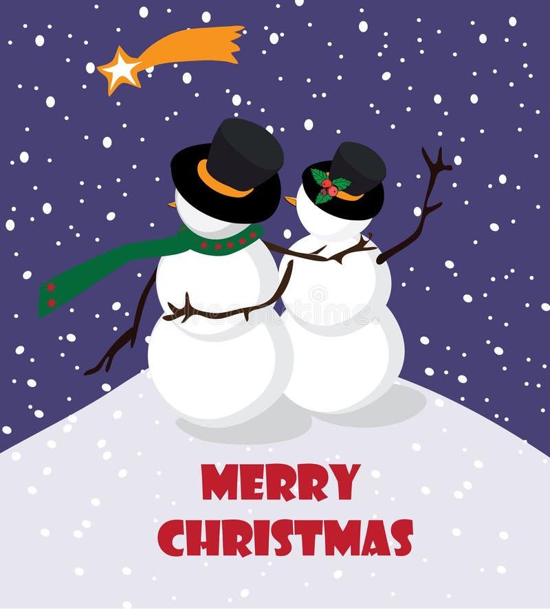 Snögubbe med snowwoman som håller ögonen på stjärnan i den snöa natten, vektorillustration vektor illustrationer Snögubbe med snowwoman som håller ögonen på stjärnan i den snöa natten, vektorillustration vektor illustrationer