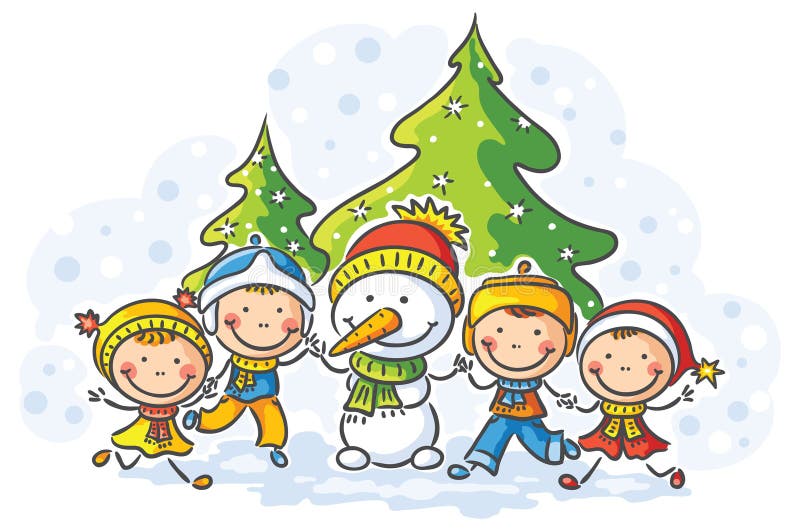 Snögubbe och ungar på en vinterdag stock illustrationer Snögubbe och ungar på en vinterdag stock illustrationer