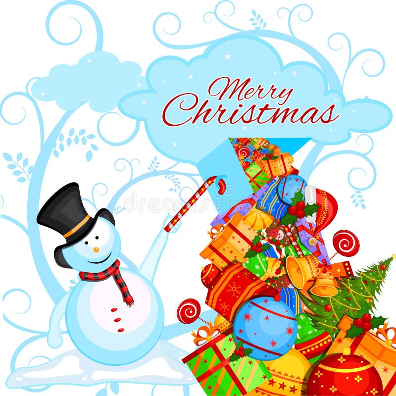 Snögubben med gåvan i vinterbakgrund för glad jul semestrar beröm stock illustrationer Snögubben med gåvan i vinterbakgrund för glad jul semestrar beröm stock illustrationer