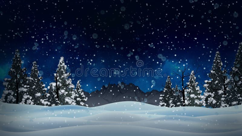 Snöig animering och snövinterlandskap med torra och julträd och bergbakgrund