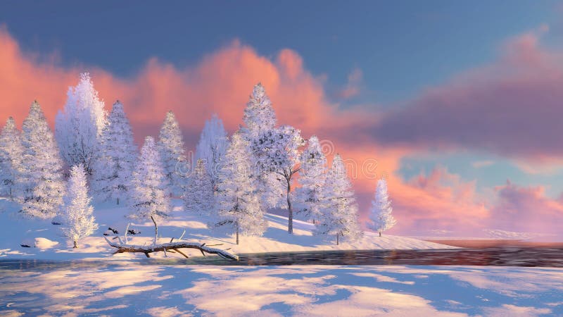 Snöig granskog och djupfryst flod på solnedgången royaltyfri fotografi Snöig granskog och djupfryst flod på solnedgången royaltyfri fotografi