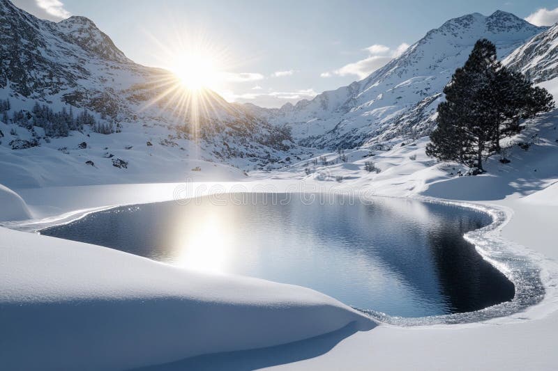 Snökyssade sjöreflekterande berg under en ljusvintersång. Generativ AI vektor illustrationer