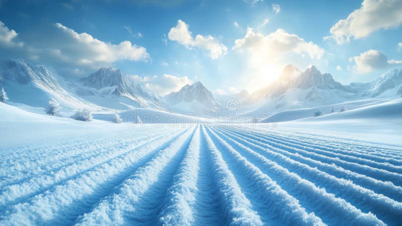 Snötäckt fält och bergslandskap under ett Bright Winter Sky vektor illustrationer