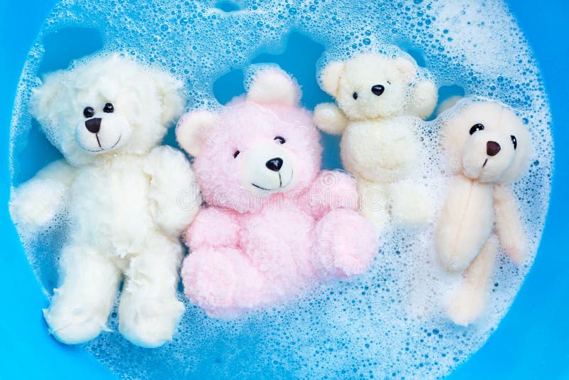 Soak Two Toy Bears in Laundry Detergent Water Dissolution before