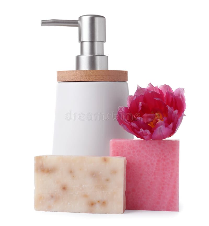 Soap Bars, Dispenser and Pink Flower on White Table Stock Photo Image