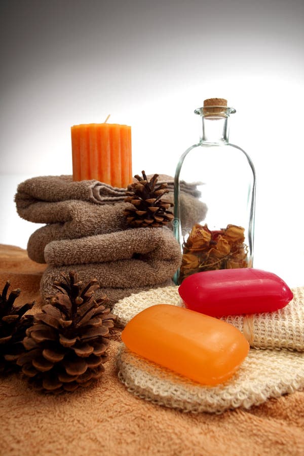 Soaps, towels and pine cones