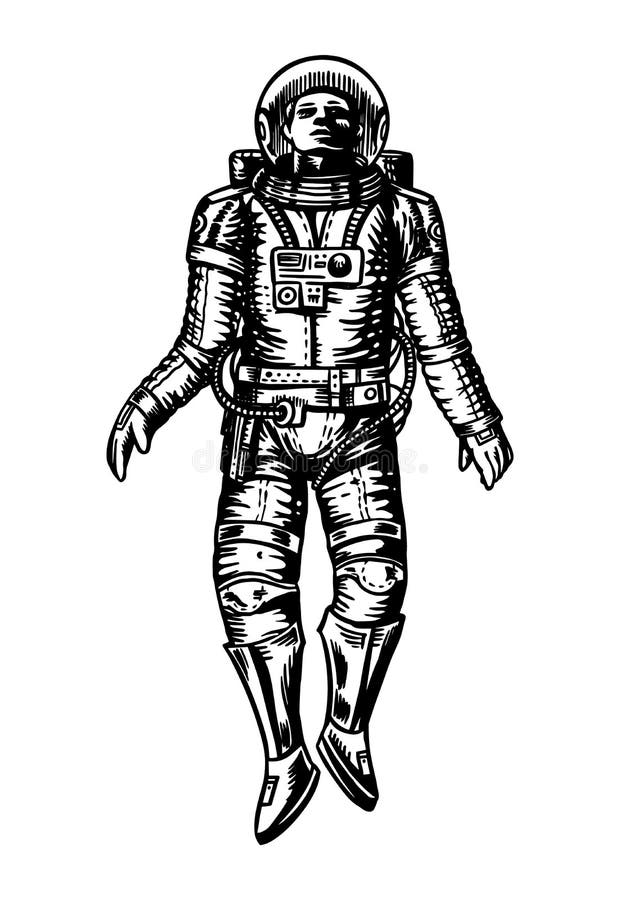 Soaring Spaceman in Space. Astronaut in the Solar System. Engraved Hand  Drawn Old Sketch in Vintage Style. Stock Vector - Illustration of america,  fantasy: 159079008