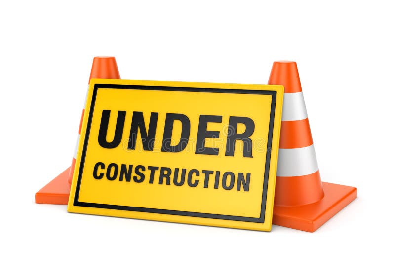 Yellow Under construction sign and two orange road cones isolated on white background. Yellow Under construction sign and two orange road cones isolated on white background