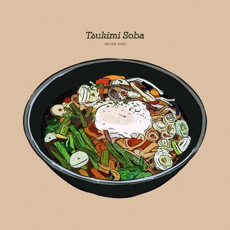 Soba Tsukimi одна из японских лапш с сырцовым яйцом иллюстрация вектора
