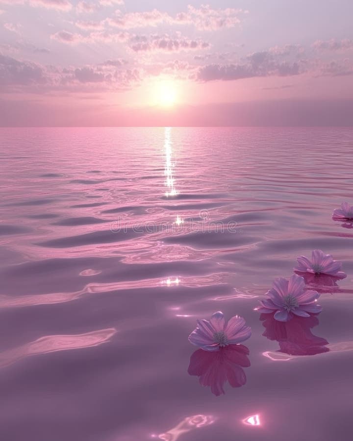 Sobre un océano sereno, una tranquila puesta de sol pinta el cielo con un vibrante espejo rosa y violeta en el agua mientras que l fotos de archivo