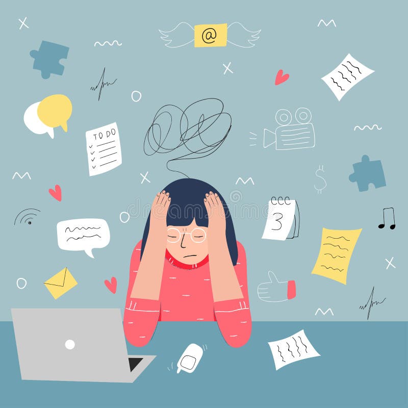 Sobrecarga de información y concepto polivalente de los problemas Ejemplo plano y handdrawn del vector stock de ilustración Sobrecarga de información y concepto polivalente de los problemas Ejemplo plano y handdrawn del vector stock de ilustración