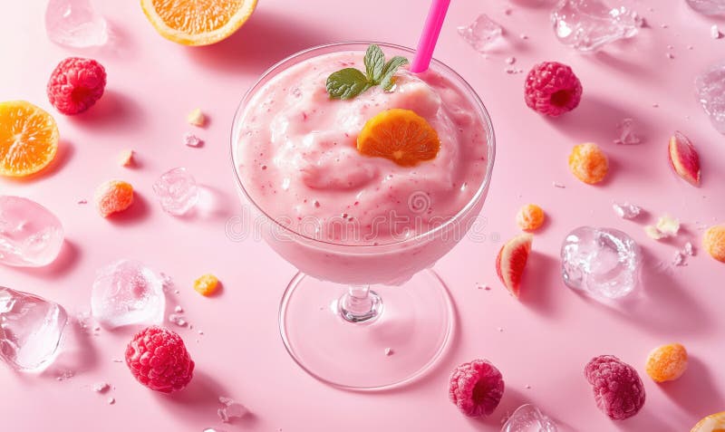 Sobremesa de smoothie frutado com framboesas, laranjas, hortelã e gelo imagens de stock royalty free