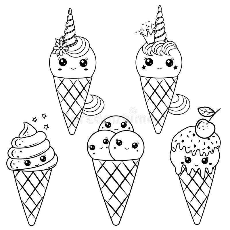 Cone De Sorvete Kawaii Na Página Colorida Do Estilo De Rabisco Ilustração  do Vetor - Ilustração de waffle, doce: 216041569