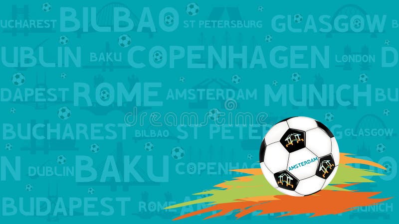 Soccer ball on abstract seamless football background. Soccer championship. Names European cities. Background 2020 royalty free illustration Soccer ball on abstract seamless football background. Soccer championship. Names European cities. Background 2020 royalty free illustration