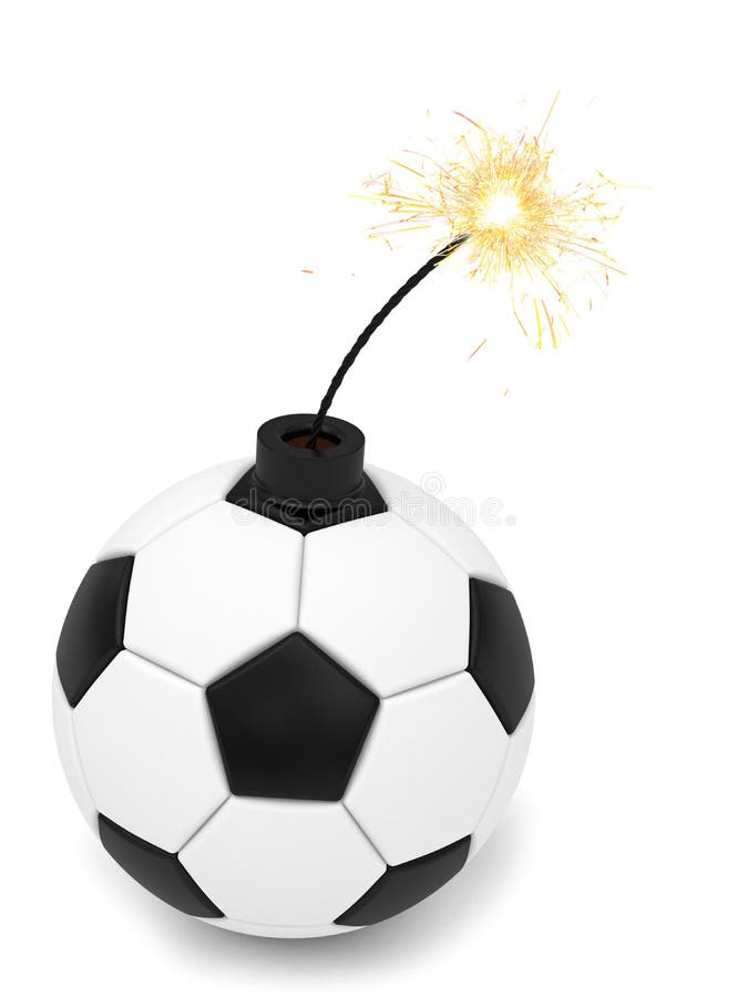 Soccer ball bomb with burning wick on white