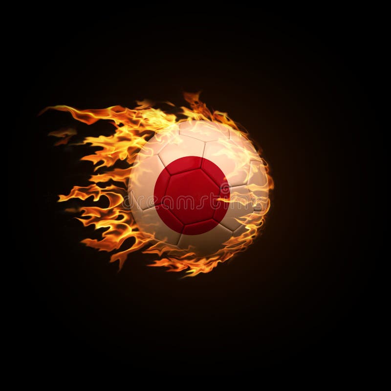 A Soccer Ball with the Flag of Japan Burning with Fire Flies on Stock