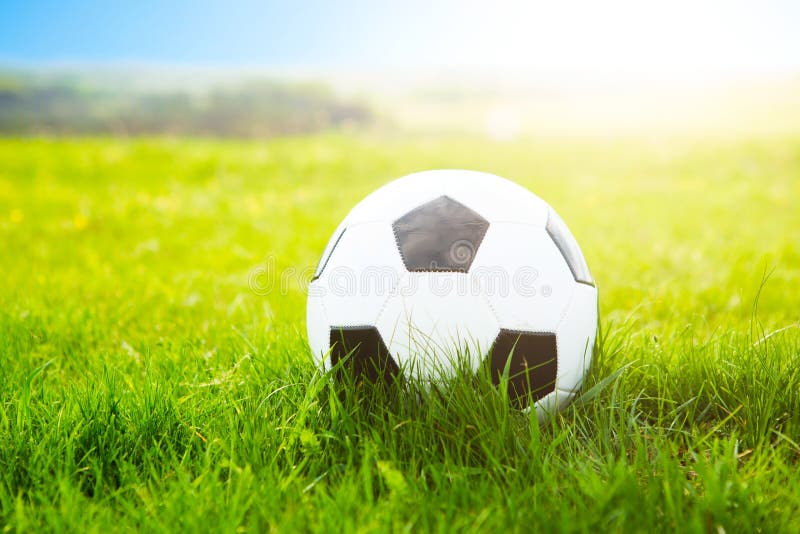 Soccer Ball or Football Ball on Ground and Green Field of Grass Stock ...