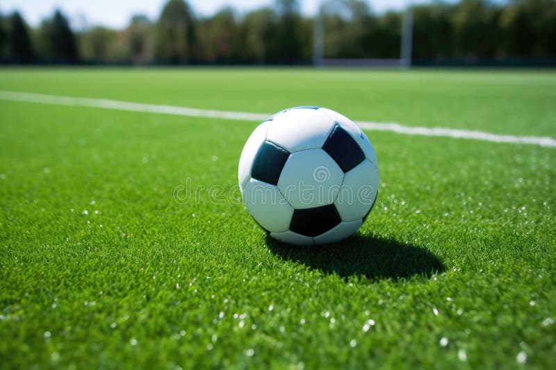 A Soccer Ball on a Green Pitch with White Lines Stock Photo Image of