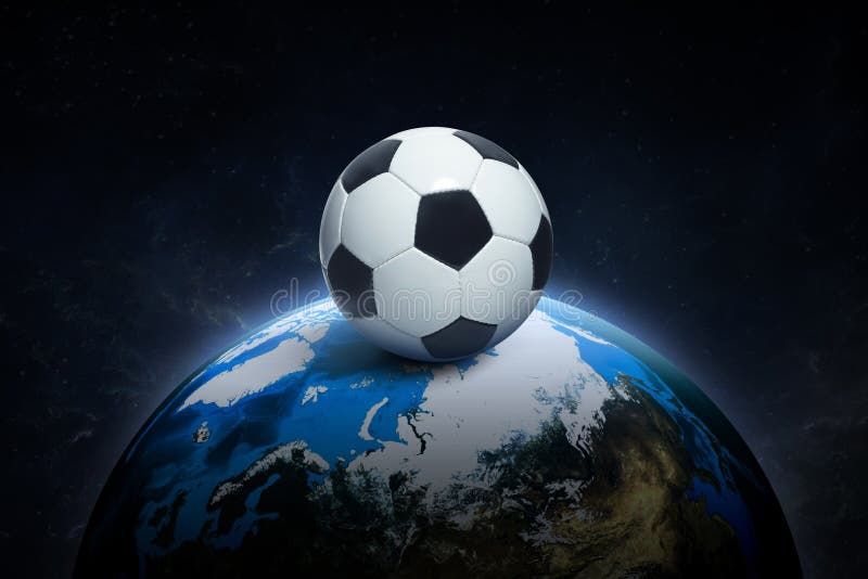 Soccer Ball on, Night World in Outer Space Abstract Wallpaper. 3d