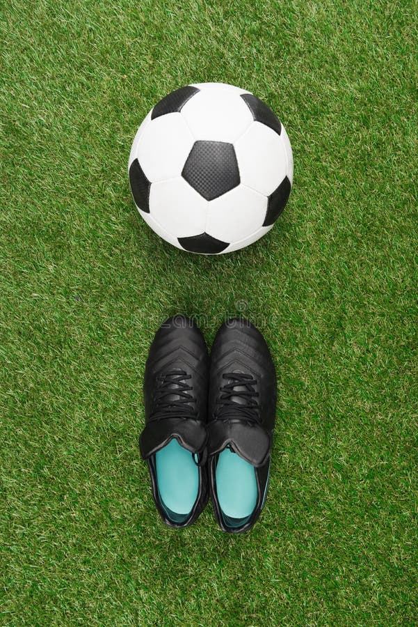 Soccer Ball with Pair of Black Boots on Grass Stock Image Image of league, play 96459655