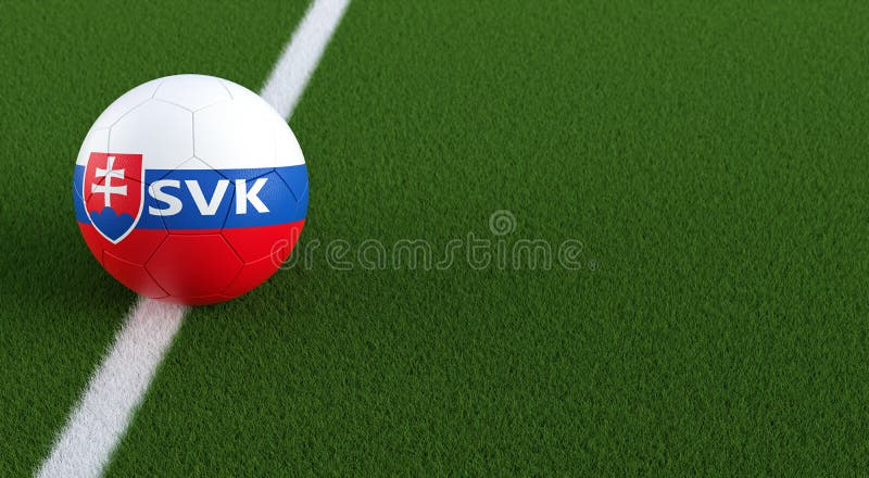 Soccer ball in Slovakia national colors on a soccer field. Copy space on the right side