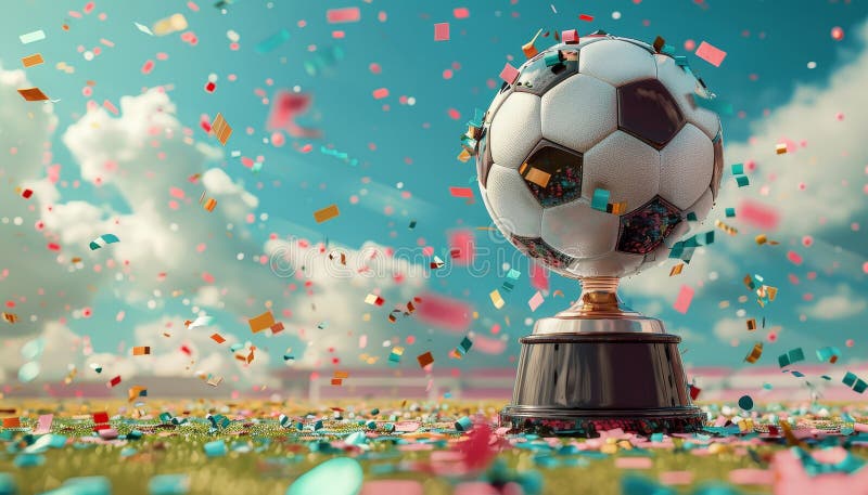 A soccer ball and a trophy are on a table with confetti around them by image royalty free stock image.